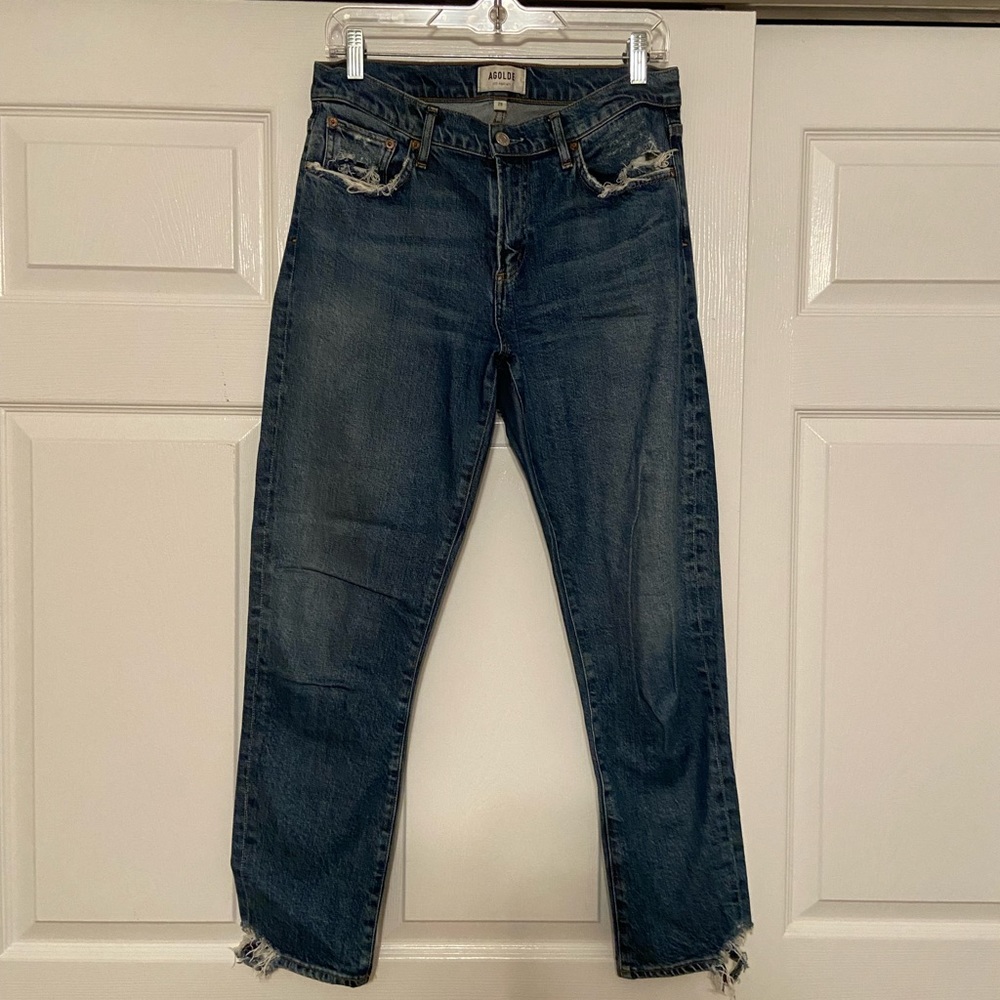AGOLDE Medium Wash Skinny Jeans with Distressed Hem